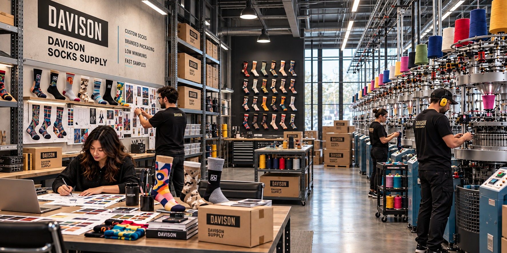 Davison Socks Supply studio and factory floor with a designer sketching sock artwork, sample socks on the wall and staff running knitting machines