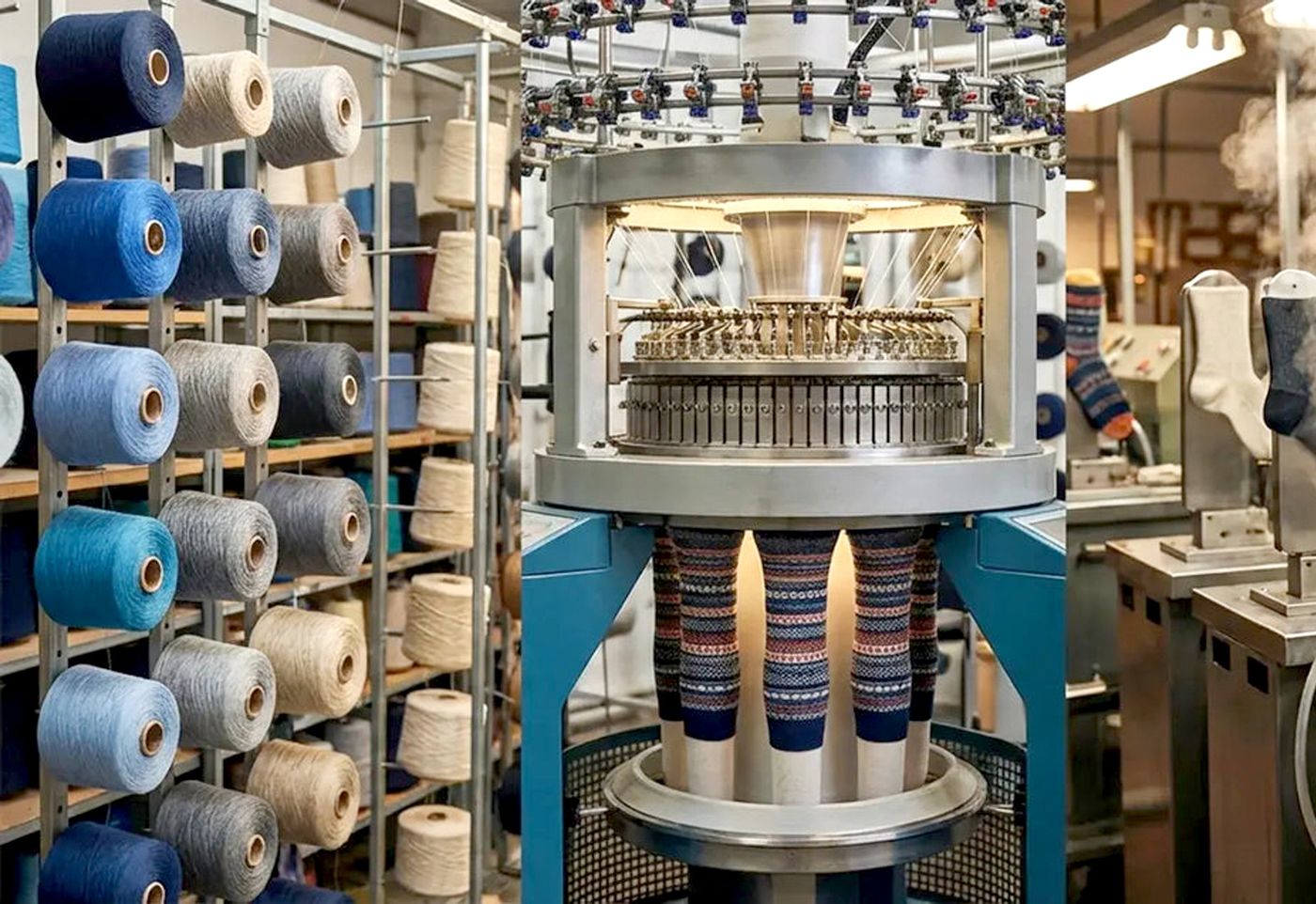 Yarn cones on racks beside a circular sock knitting machine with patterned socks coming off the cylinder