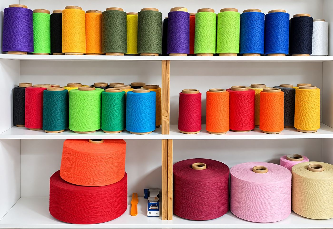 White shelves stacked with cones of brightly colored sock yarn