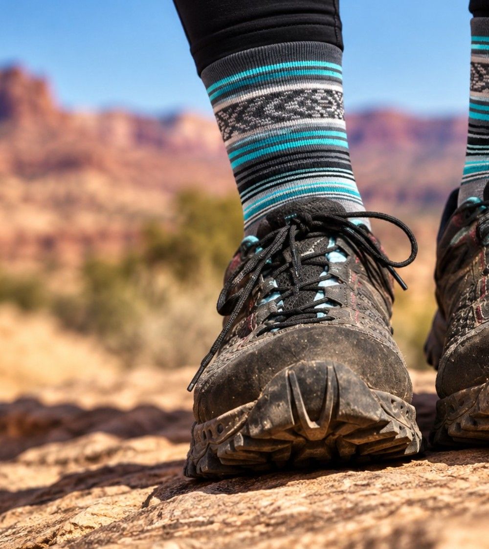 Striped merino socks worn with muddy trail shoes on desert rock