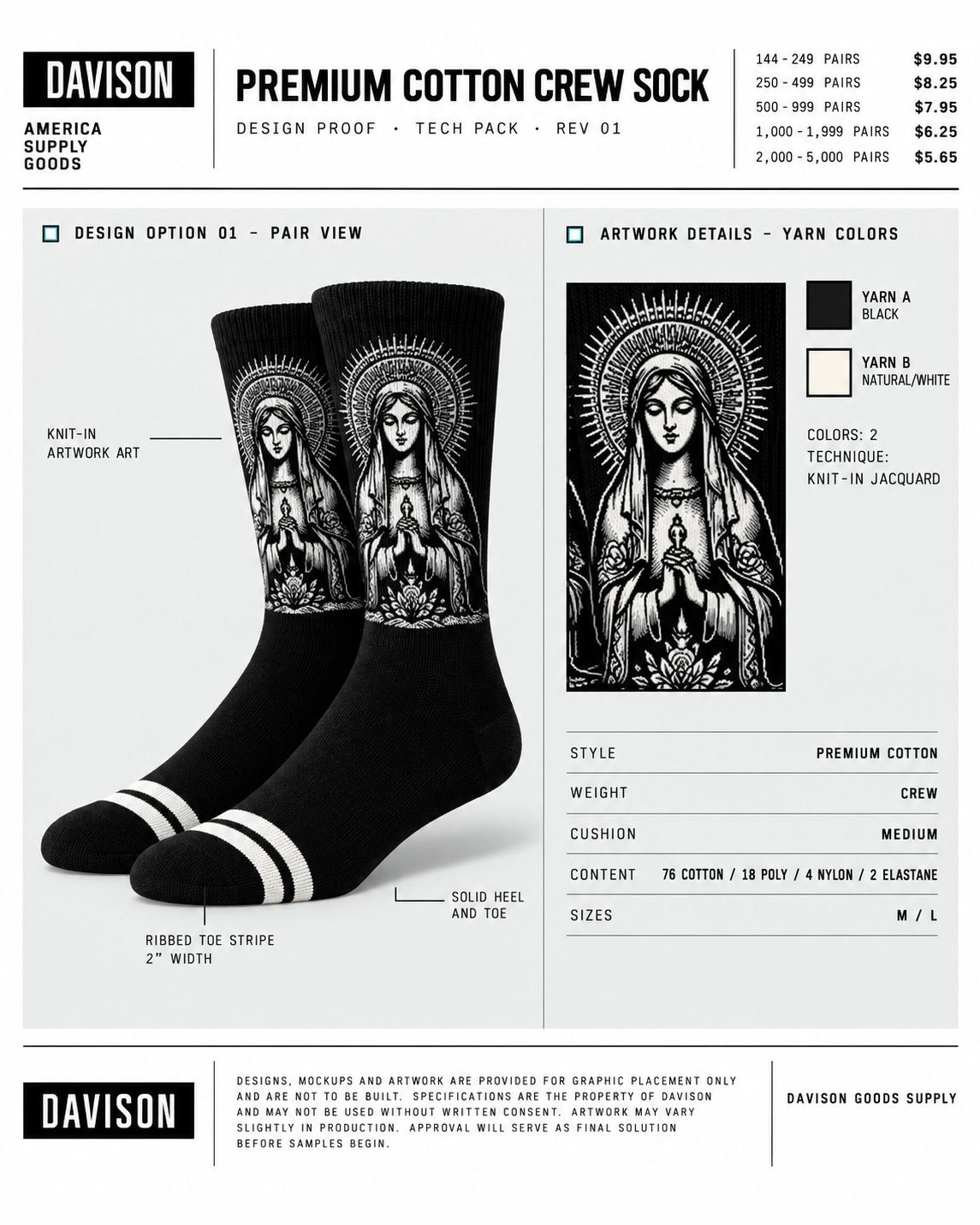 Davison design proof and tech pack for a black premium cotton crew sock with knit-in artwork