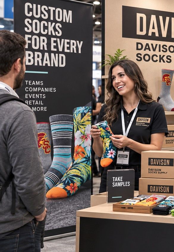 Davison Socks Supply staff member showing a floral custom sock to a visitor at a trade show booth