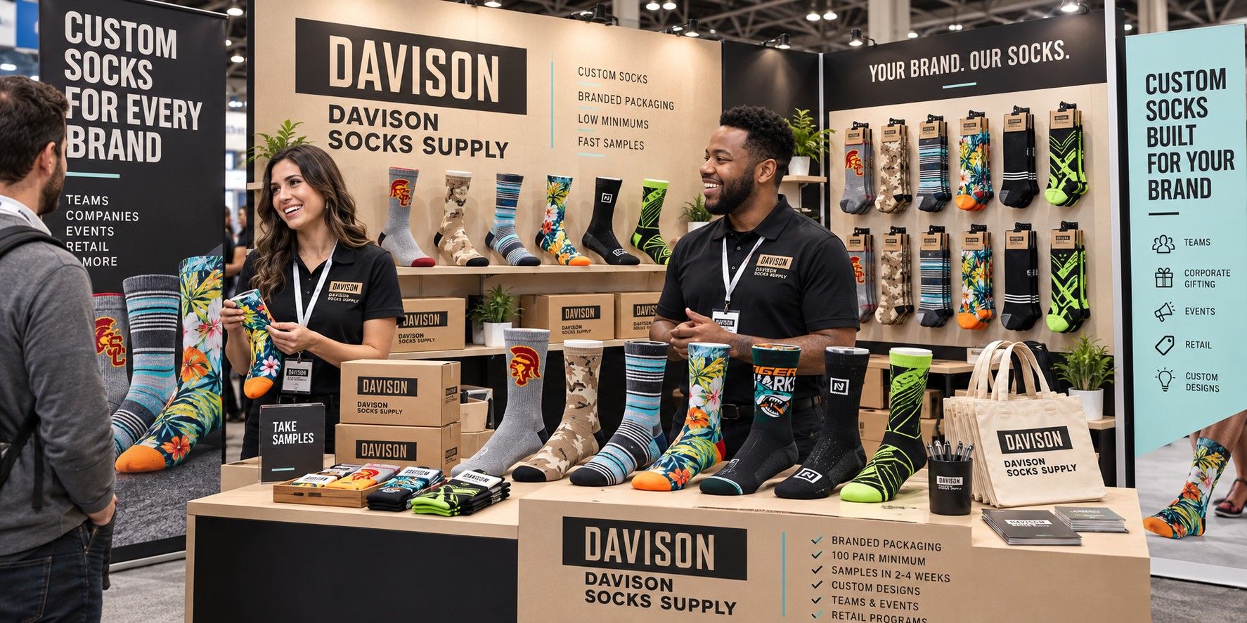 Davison Socks Supply trade show booth with two staff members showing custom socks, branded boxes and tote bags
