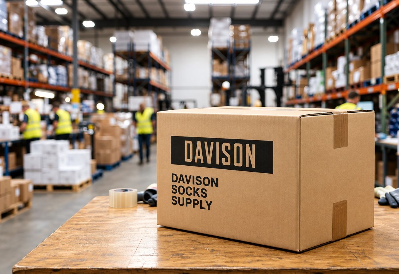 Cardboard shipping box printed with the Davison Socks Supply logo on a packing table in a warehouse