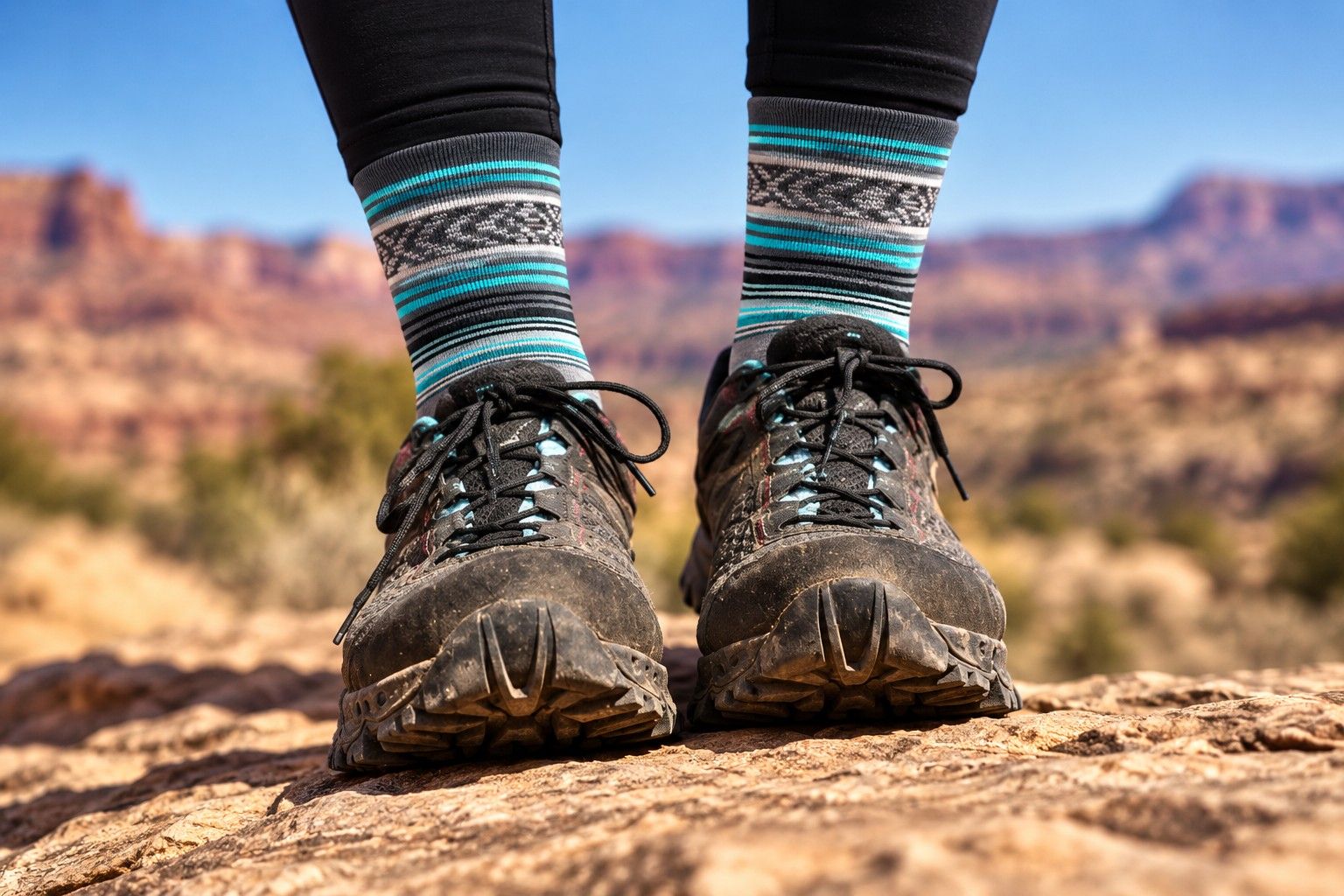 Grey merino wool blend socks with teal and black stripes worn with trail shoes on desert rock