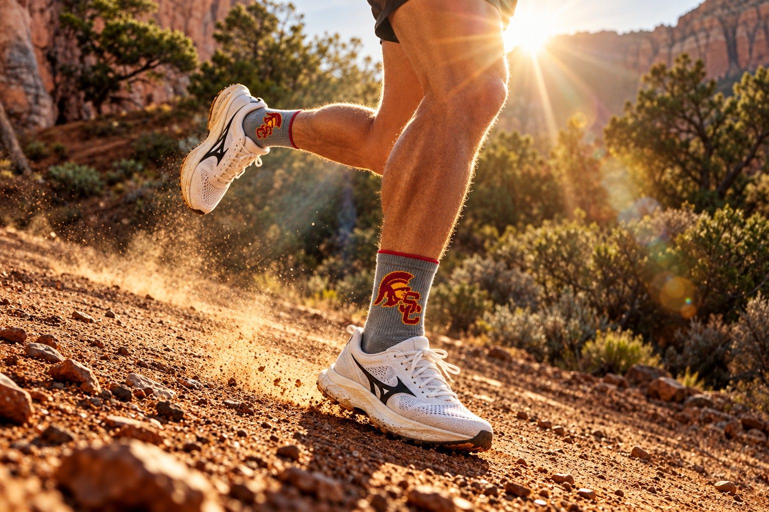 Trail runner at sunrise wearing grey custom performance crew socks with a knit-in team logo