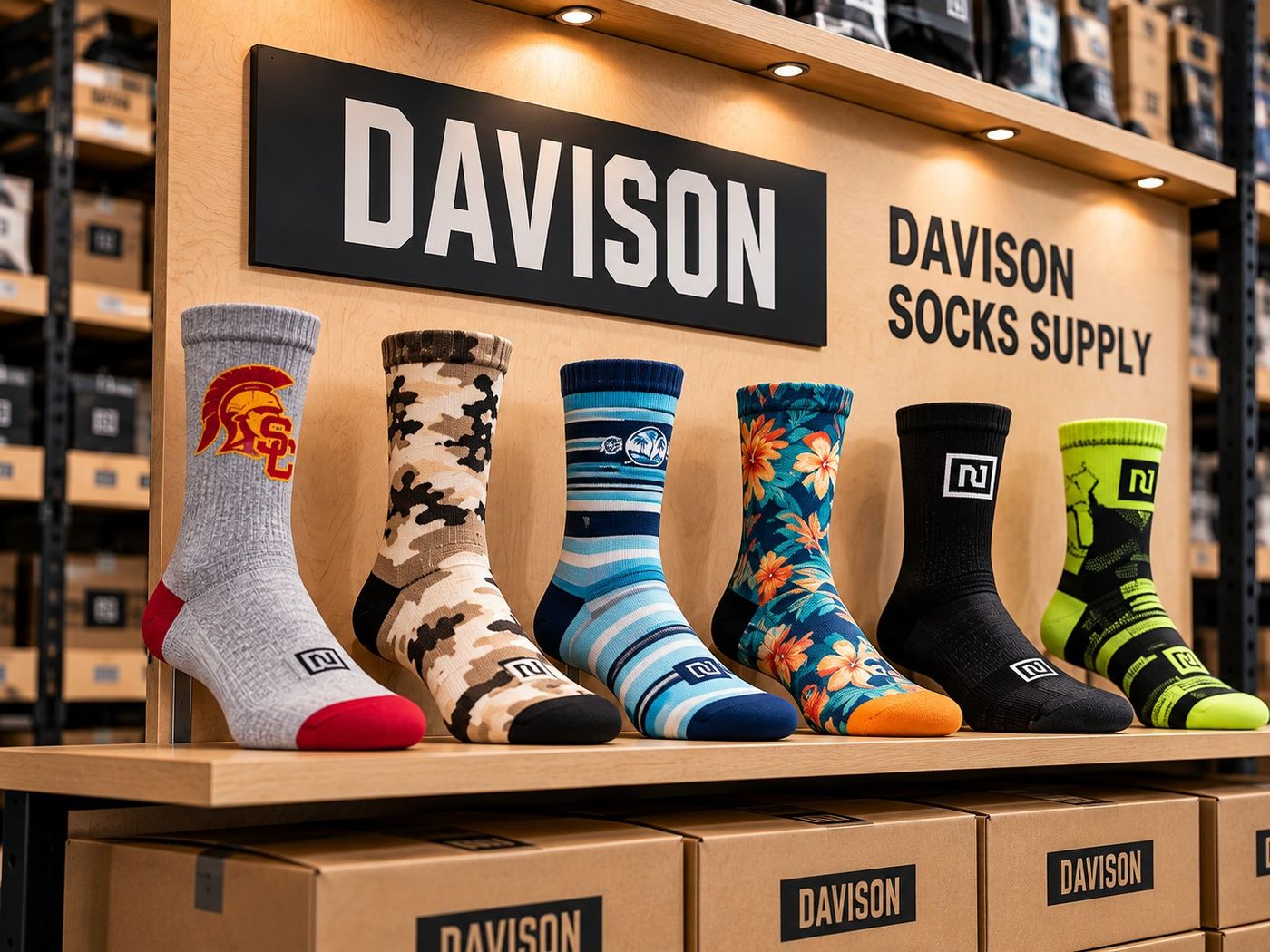 Six custom socks displayed on a wooden retail shelf under a Davison Socks Supply sign