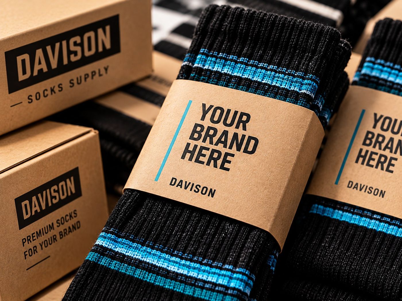Black and blue striped socks wrapped in a kraft paper band printed Your Brand Here, beside Davison boxes