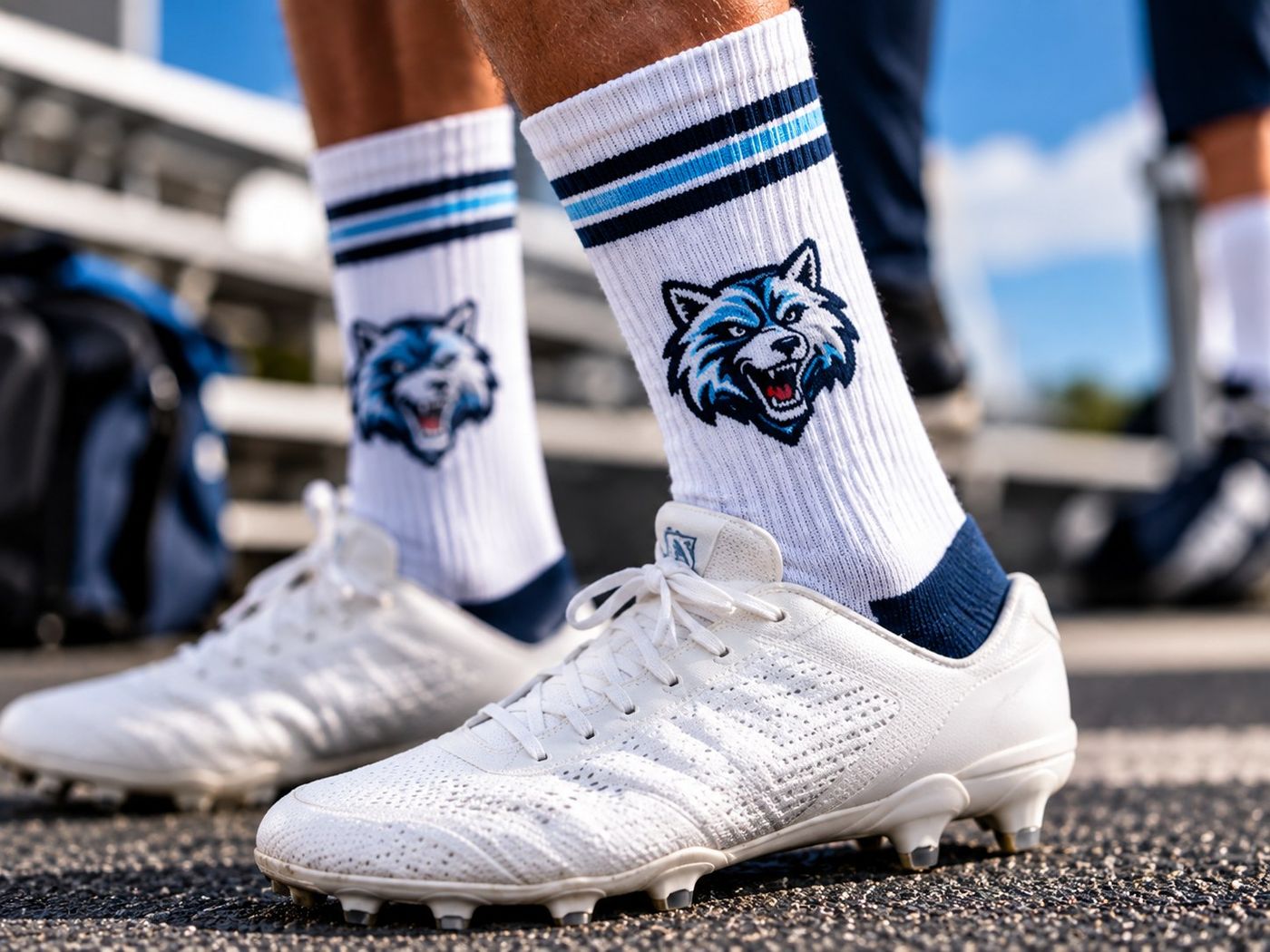 White team socks with navy stripes and a knit-in wolf mascot logo, worn with white cleats