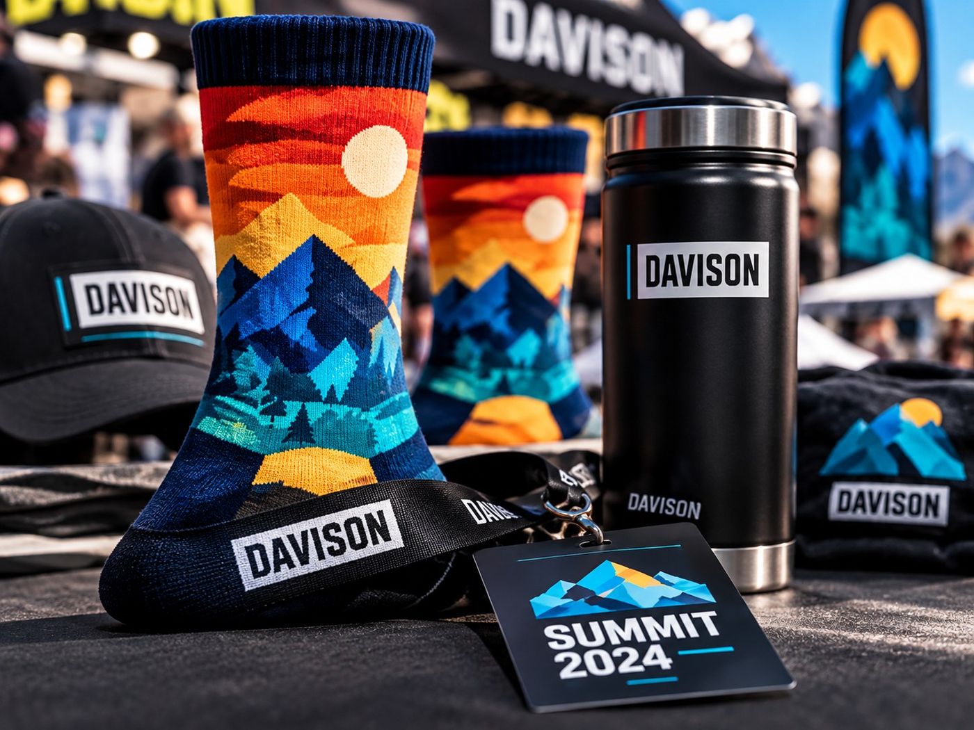 Mountain sunset event socks displayed with a Davison cap, bottle and event lanyard at an outdoor booth