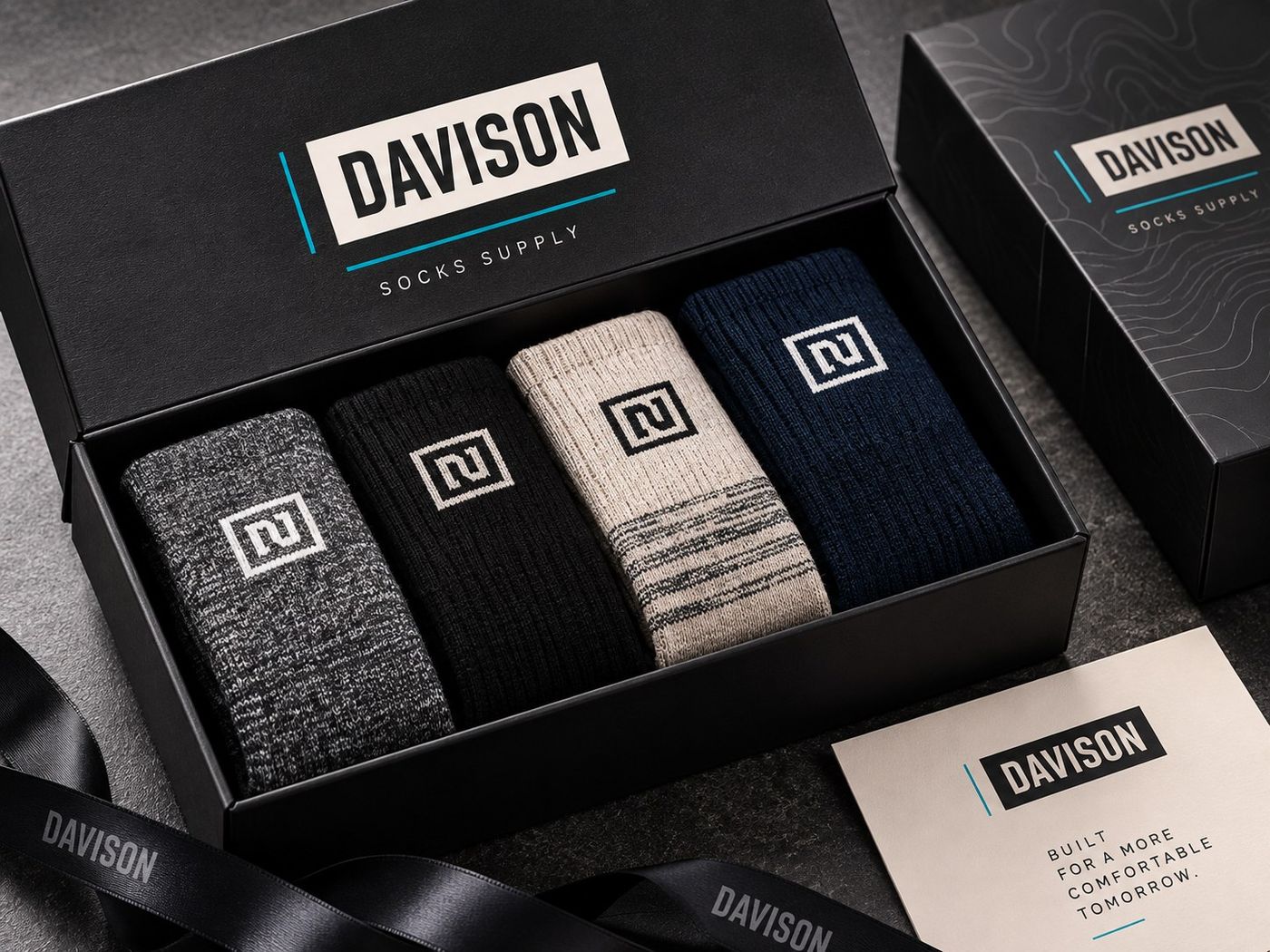 Black Davison gift box holding four pairs of socks in grey, black, cream and navy