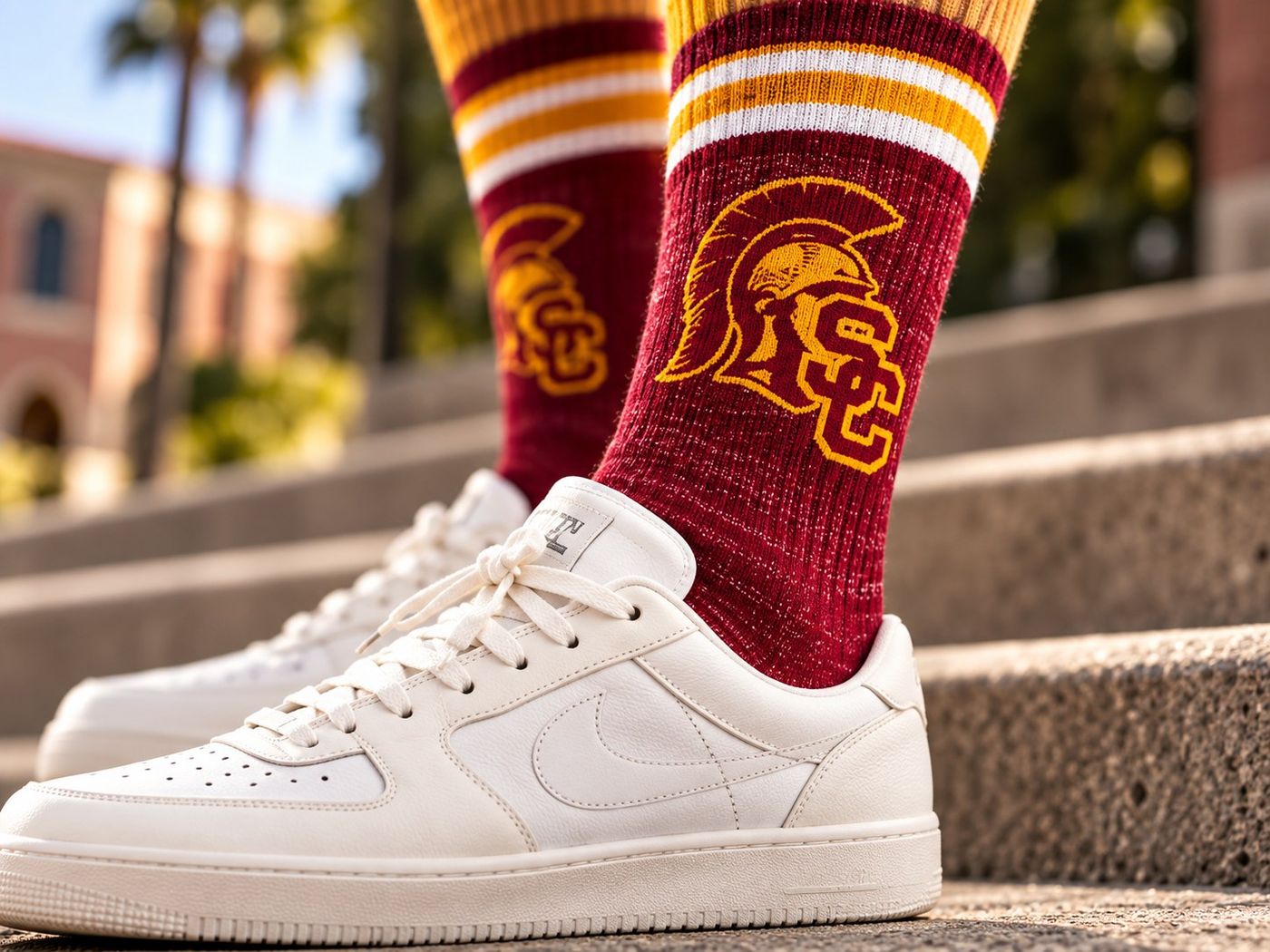 Cardinal and gold school socks with a knit-in logo worn with white sneakers on campus steps