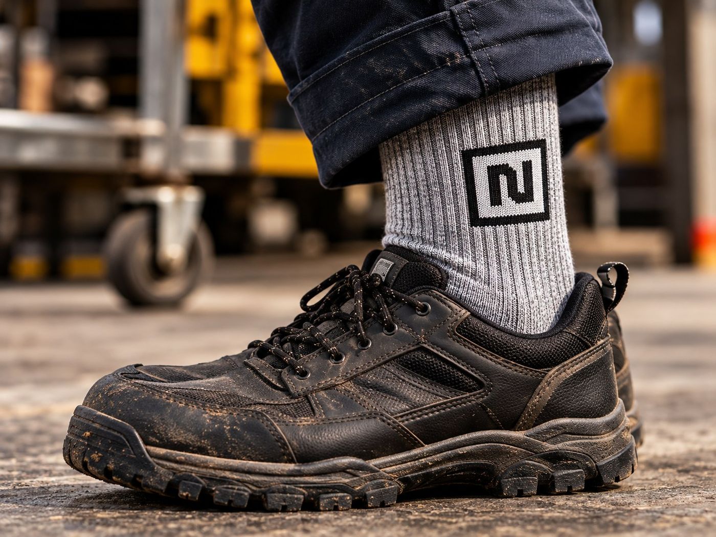 Grey work sock with a knit-in square logo worn with a black work shoe in a warehouse