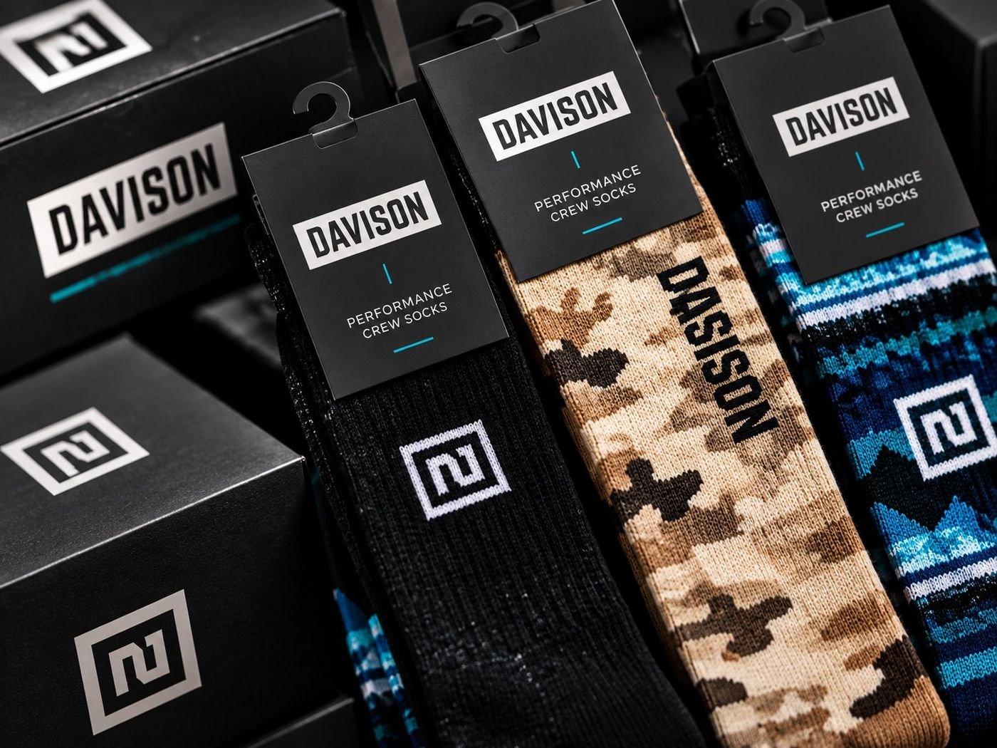 Davison branded performance crew socks on retail hang tags beside black Davison boxes