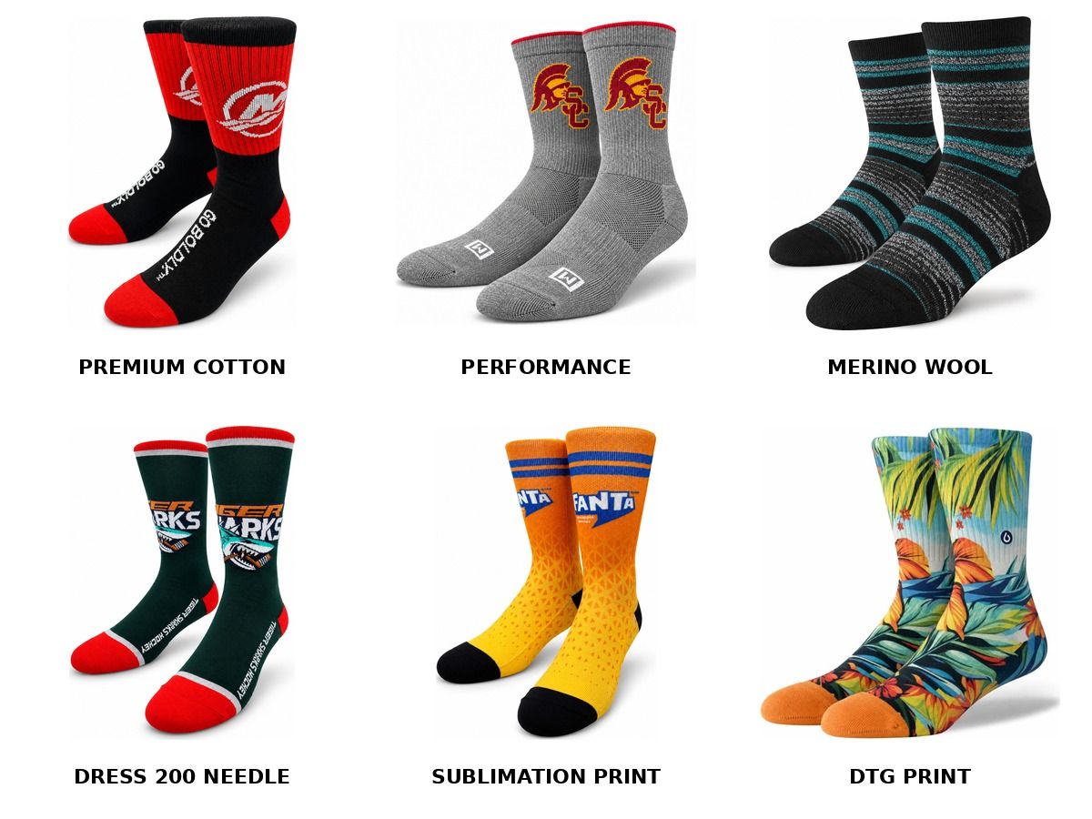 One example of each sock model: premium cotton, performance, merino wool blend, dress 200 needle, sublimation print and DTG print