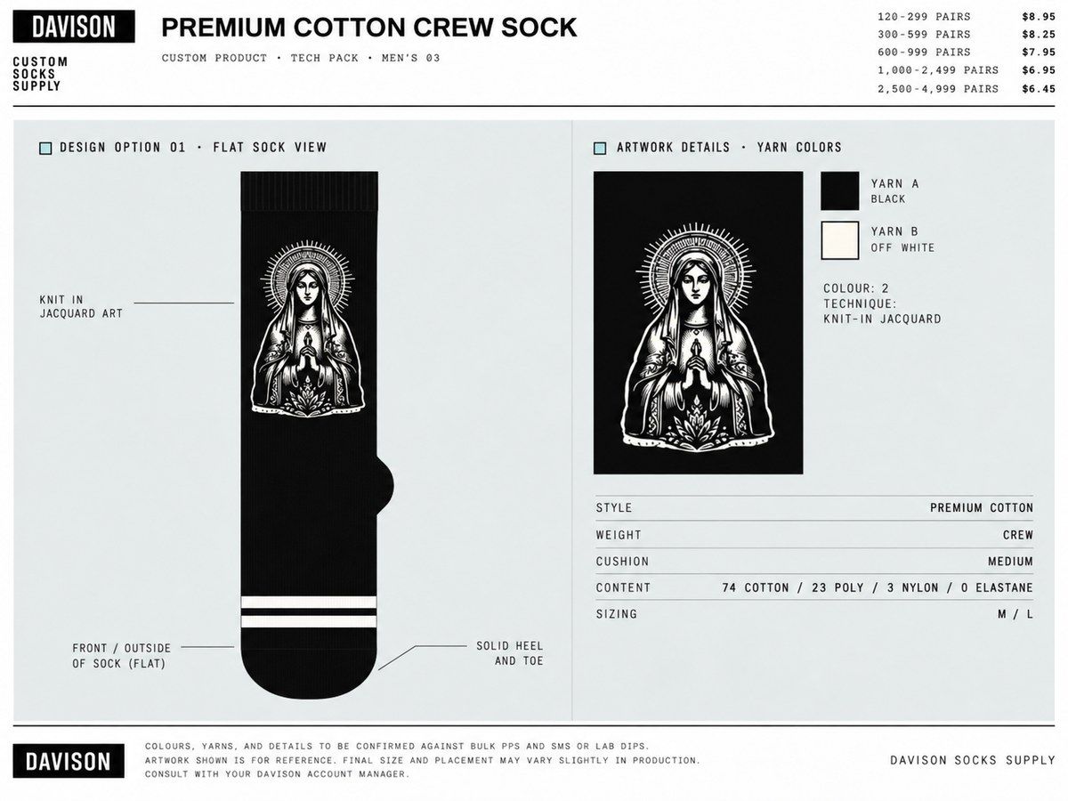 Davison tech pack for a premium cotton crew sock: flat sock view, knit-in jacquard artwork, yarn colors and specs
