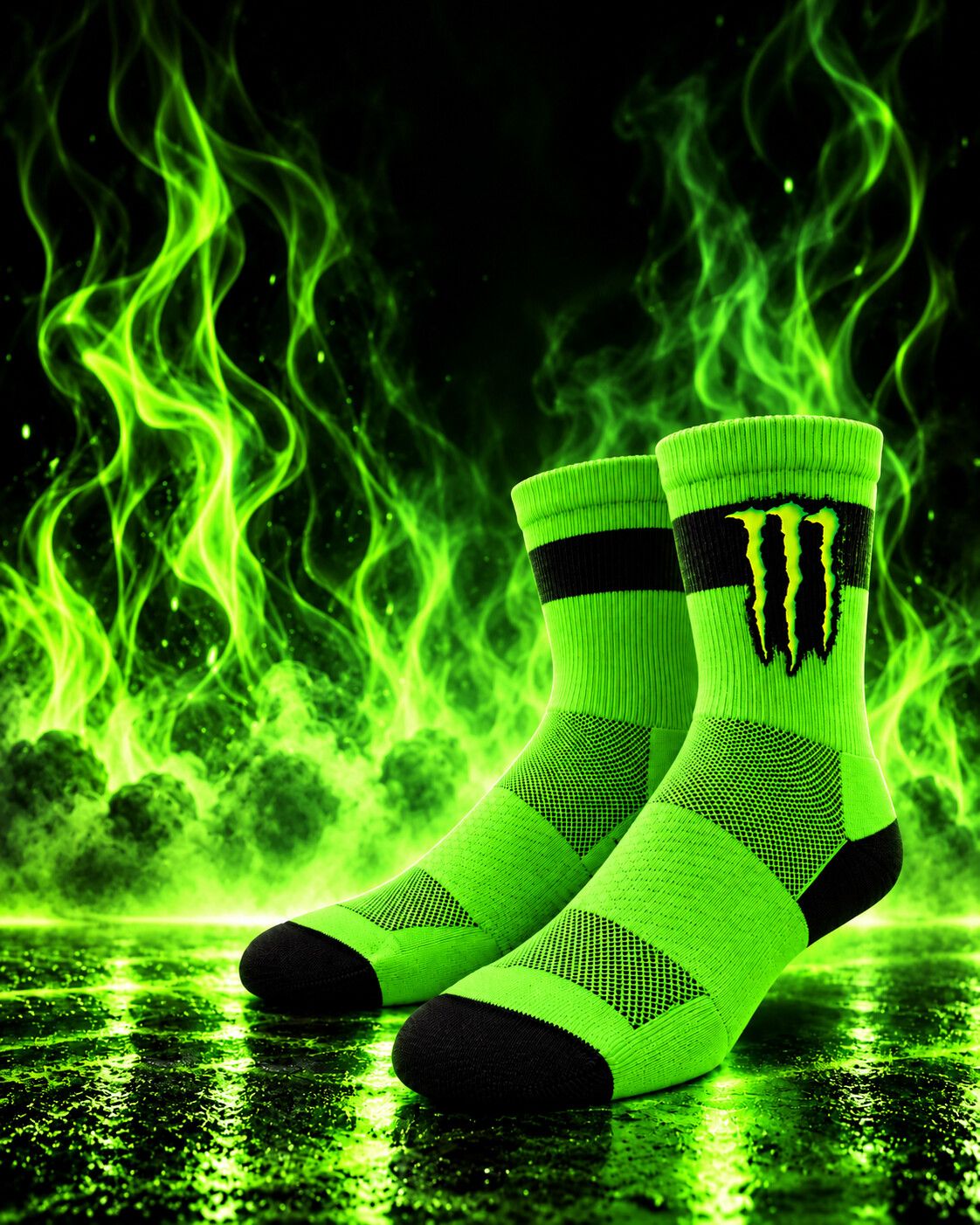 Neon green Monster Energy socks against green flames